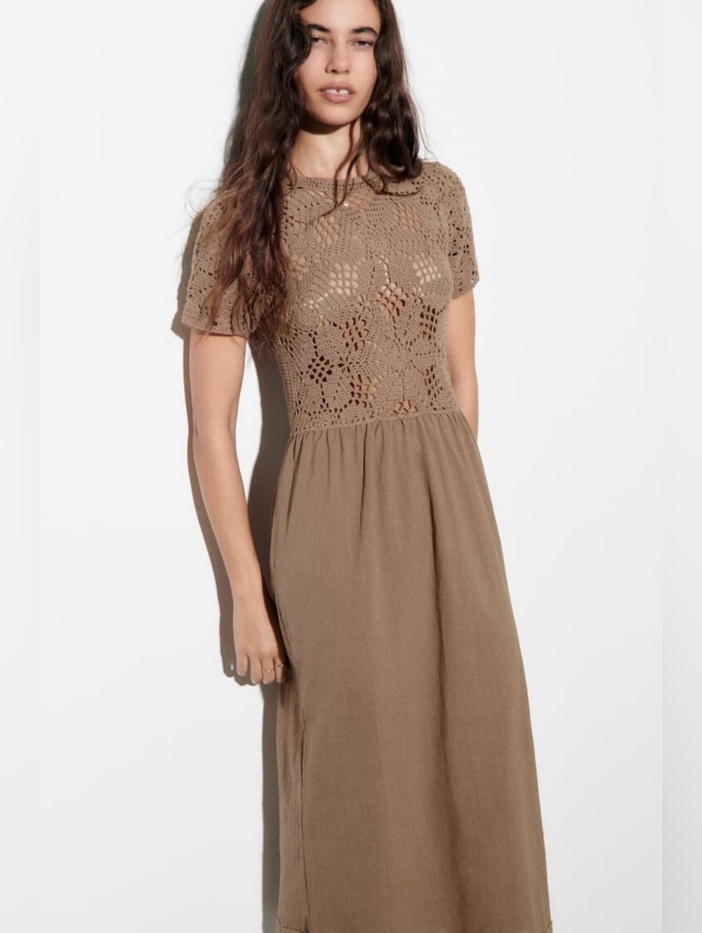 Zara Mixed Macrame Knit Midi Dress Small Brown Crochet Lace Boho Earth Tone
